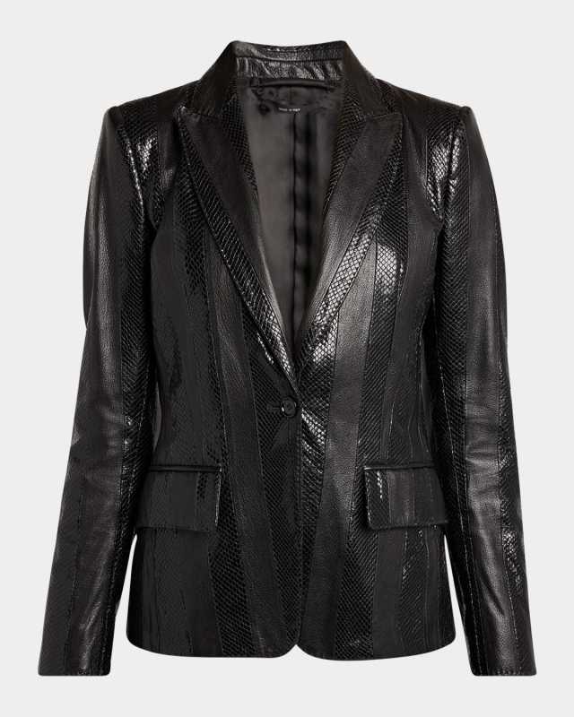 Striped Patchwork Leather Single-Breasted Jacket